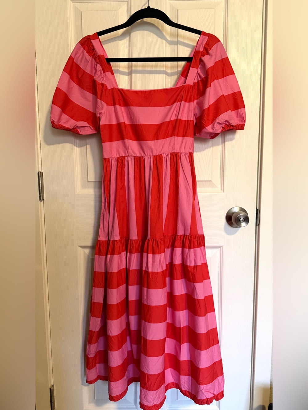 Crystal Doll Pink Red Stripe Puff Sleeve Midi Dress Cottagecore Size Small - Picture 3 of 10
